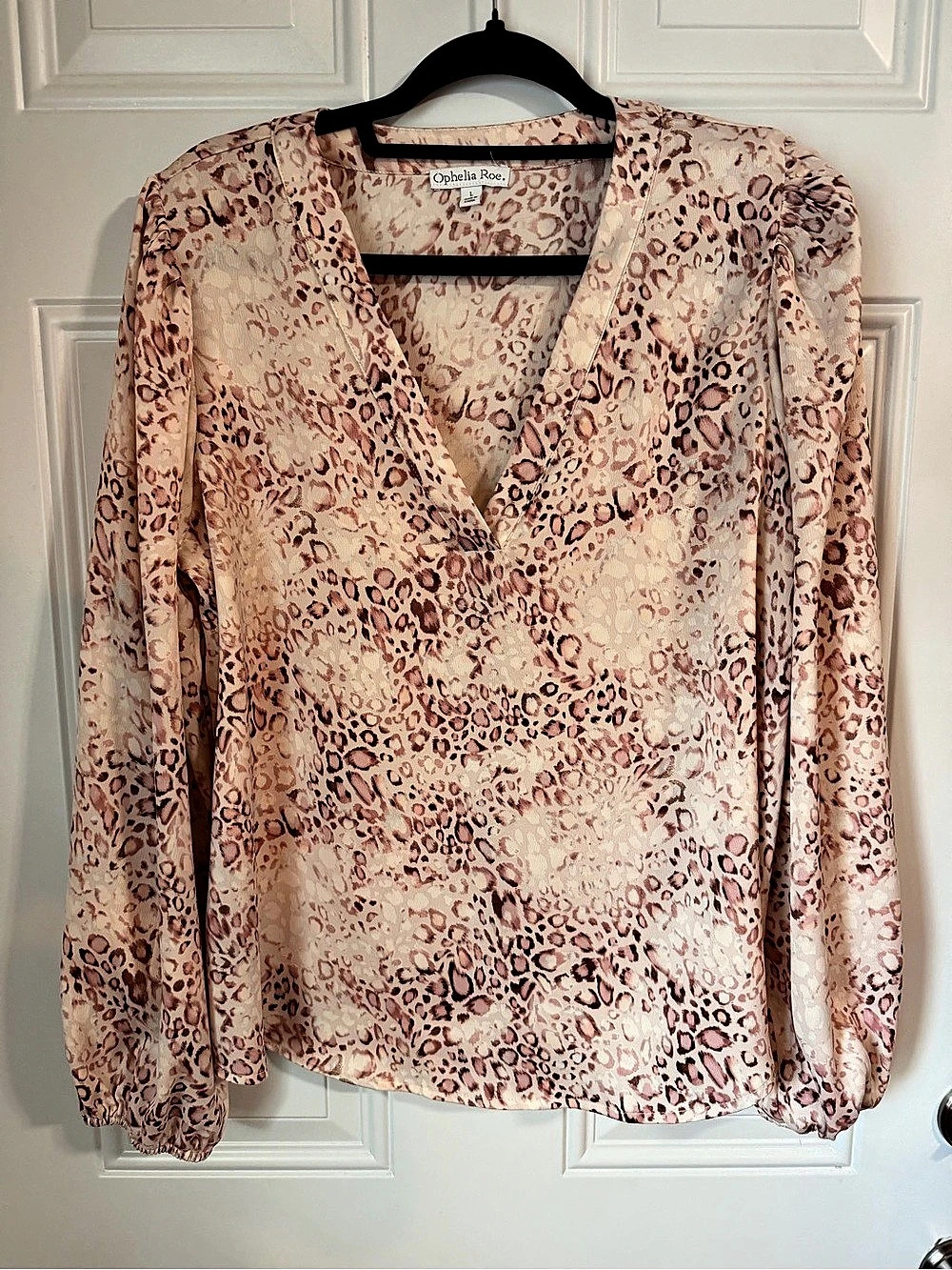 Ophelia Roe Animal Print Long Sleeve Blouse in Pink Size Large